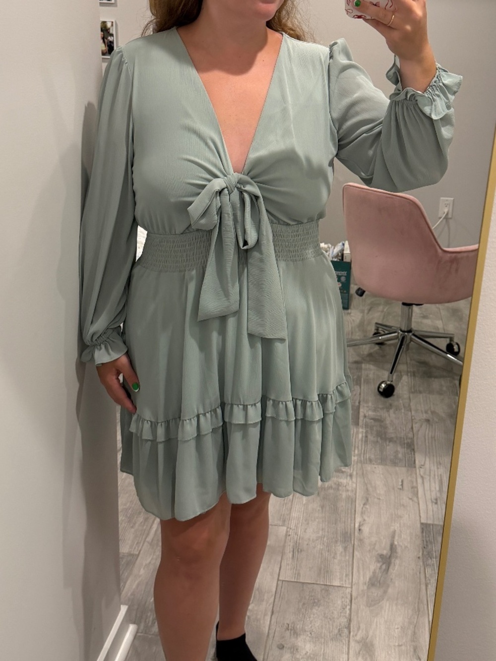 Sage Green Tie-Front Ruffle Mini Dress